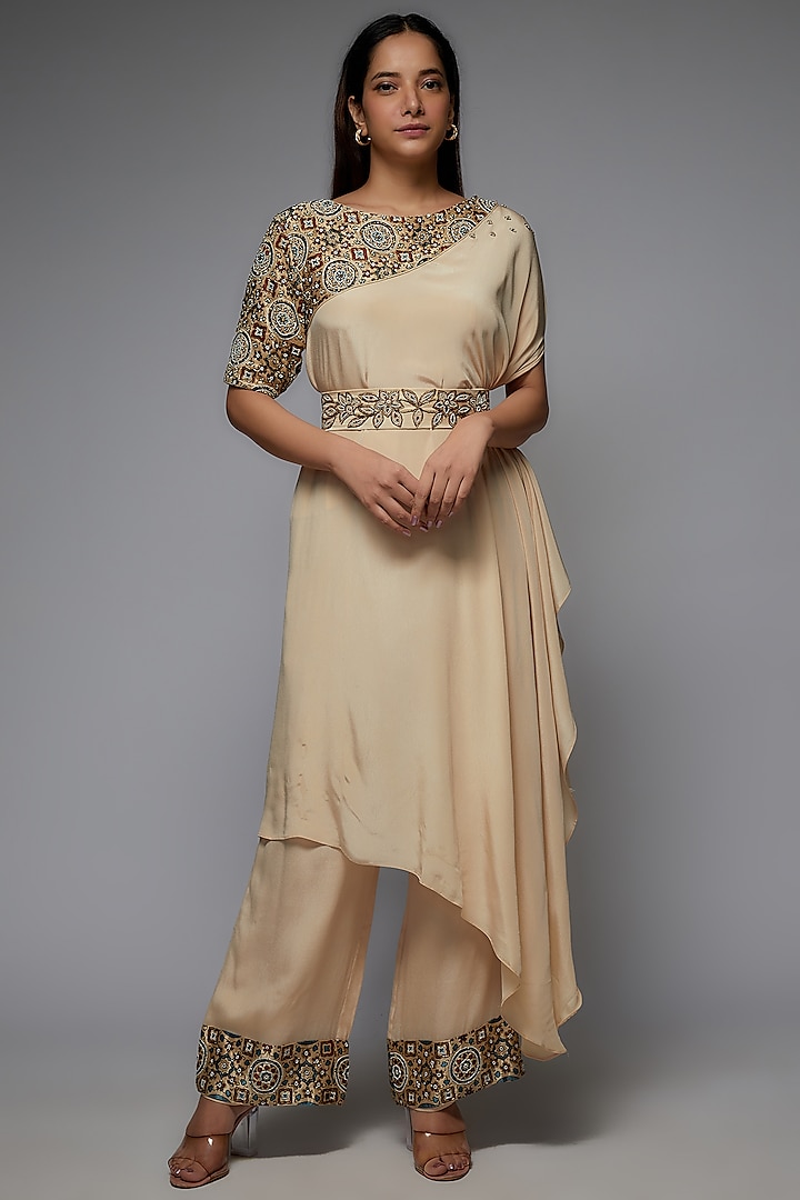 Beige Mahru Silk Embellished Asymmetric Kaftan Set by SEJAL KAMDAR