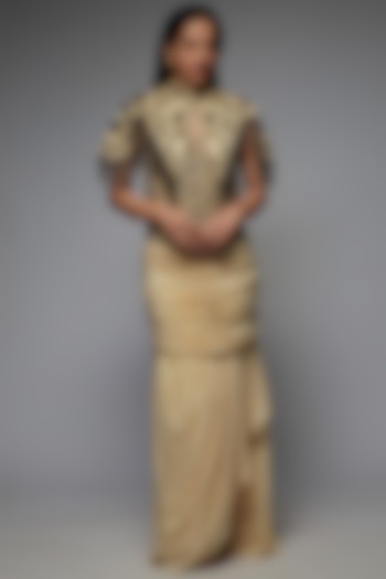 Beige Mashru Silk Embellished Jacket Set by SEJAL KAMDAR at Pernia's Pop Up Shop