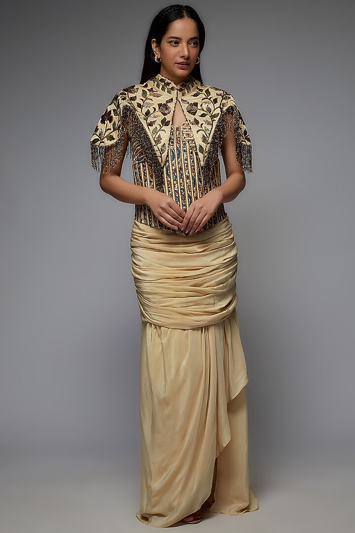 Beige Mashru Silk Embellished Jacket Set by SEJAL KAMDAR at Pernia's Pop Up Shop