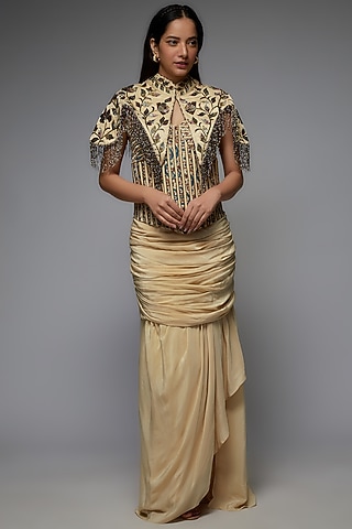 Beige Mashru Silk Embellished Jacket Set by SEJAL KAMDAR