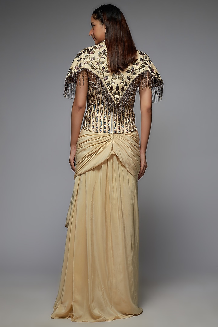 Beige Mashru Silk Embellished Jacket Set by SEJAL KAMDAR at Pernia's Pop Up Shop