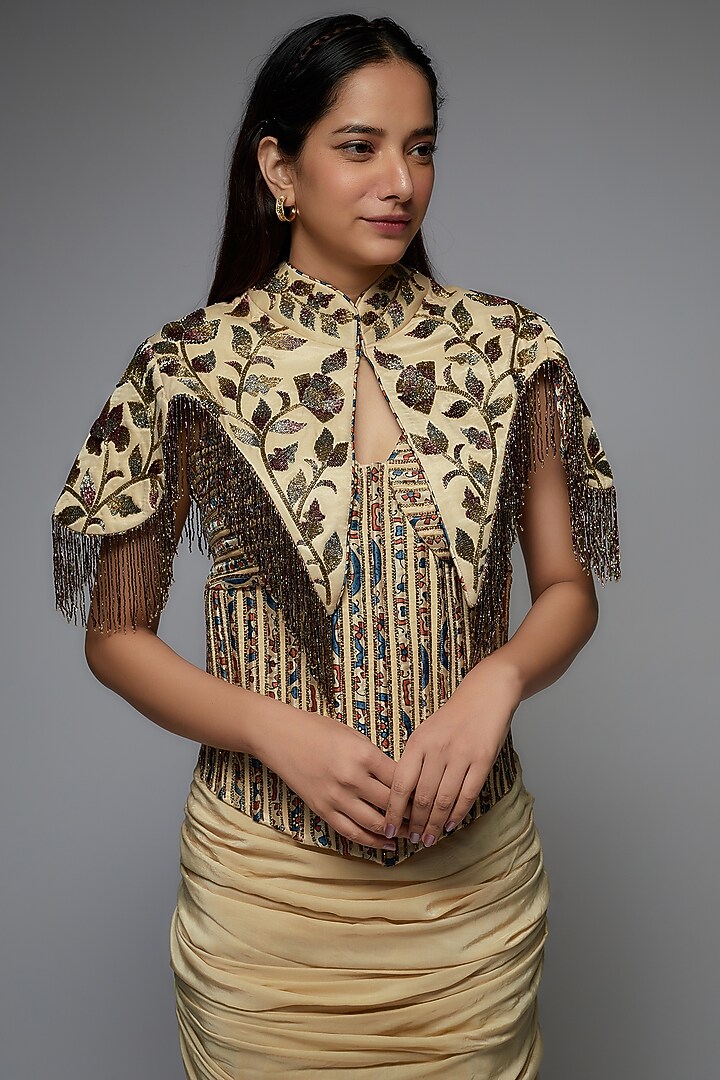 Beige Mashru Silk Embellished Jacket Set by SEJAL KAMDAR at Pernia's Pop Up Shop