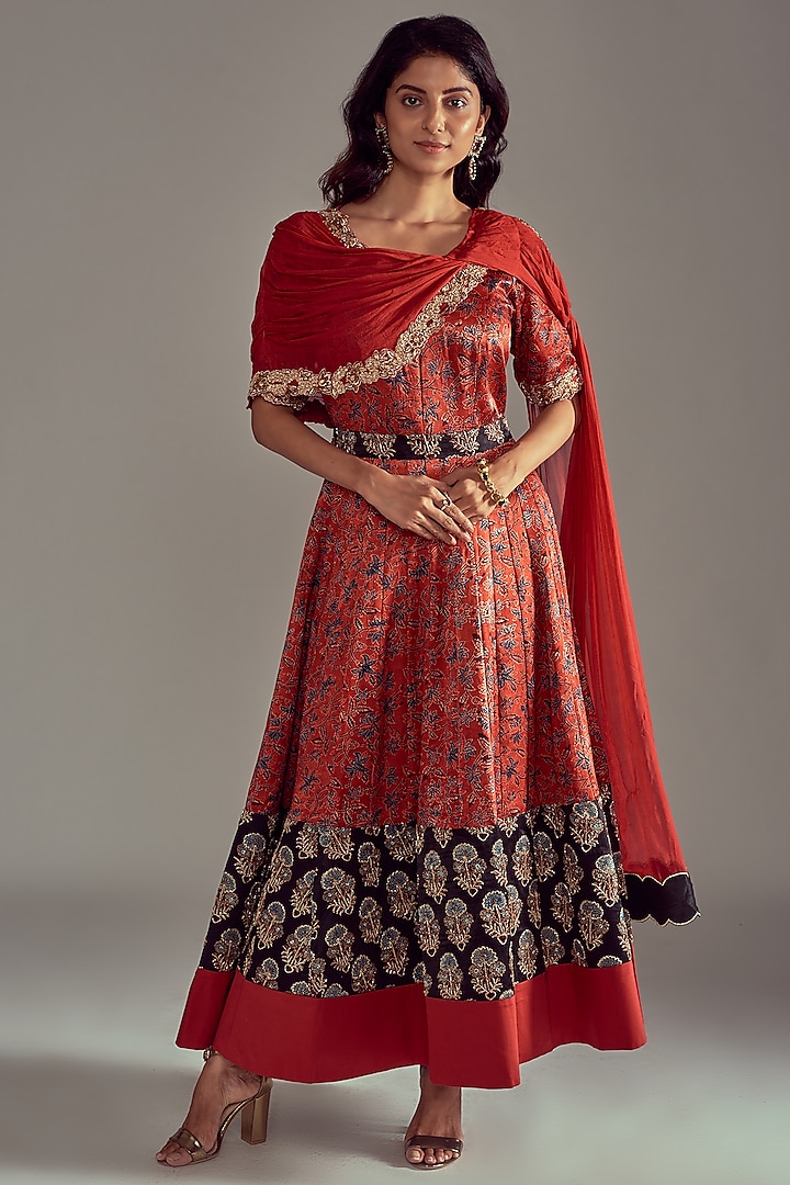 Scarlet Red Printed & Embroidered Anarkali Set by SEJAL KAMDAR