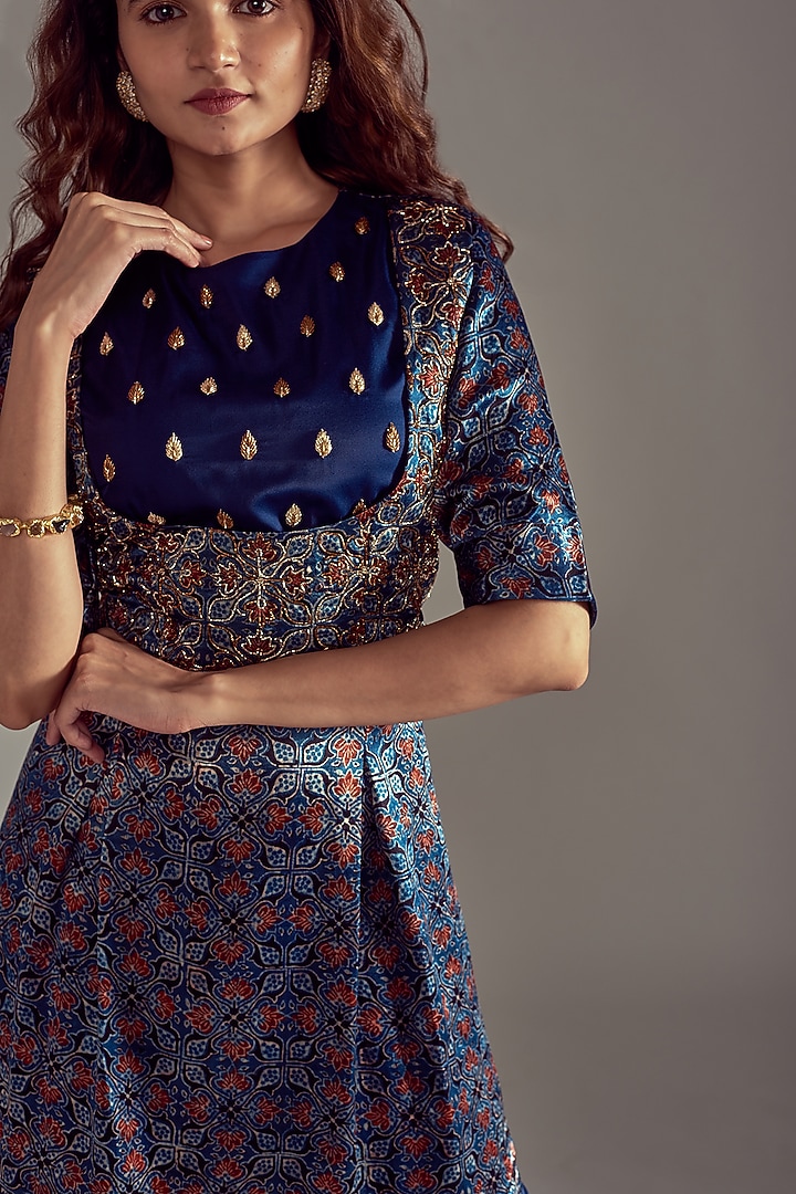 Cobalt Blue Mashru Silk Pleated Dhoti Set by SEJAL KAMDAR at Pernia's Pop Up Shop
