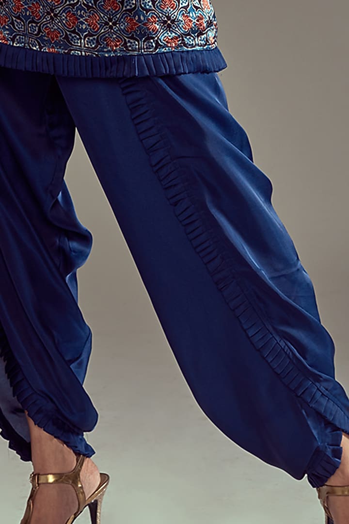 Cobalt Blue Mashru Silk Pleated Dhoti Set by SEJAL KAMDAR at Pernia's Pop Up Shop