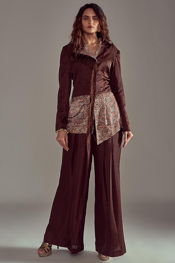 Chocolate Brown Printed & Embroidered Blazer Set by SEJAL KAMDAR