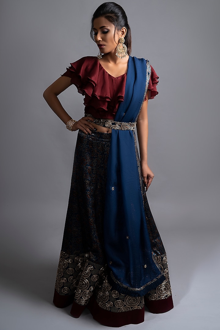 Indigo Printed & Embroidered Wedding Lehenga Set by SEJAL KAMDAR at Pernia's Pop Up Shop