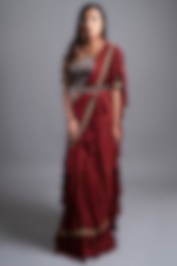 Maroon Ruffled Saree Set In Mashru Silk by SEJAL KAMDAR