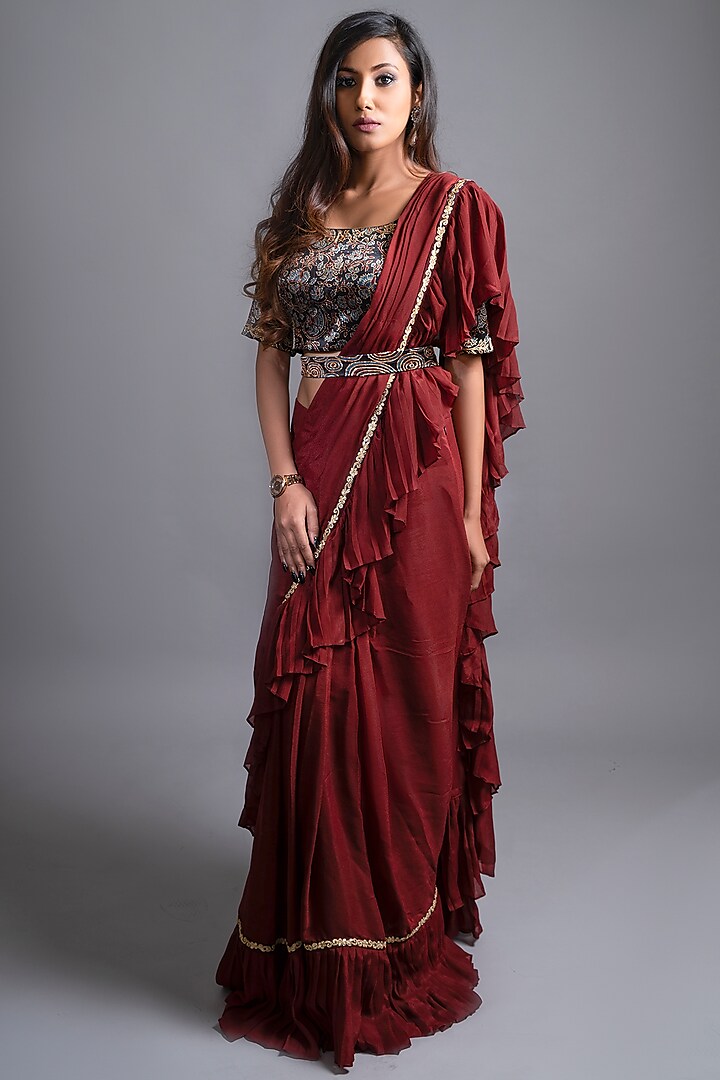 Maroon Mashru Silk Ruffled Saree Set by SEJAL KAMDAR