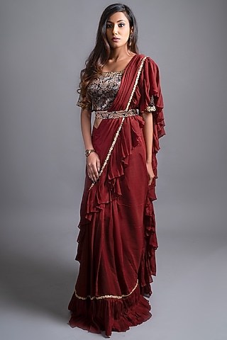 Maroon Mashru Silk Ruffled Saree Set by SEJAL KAMDAR