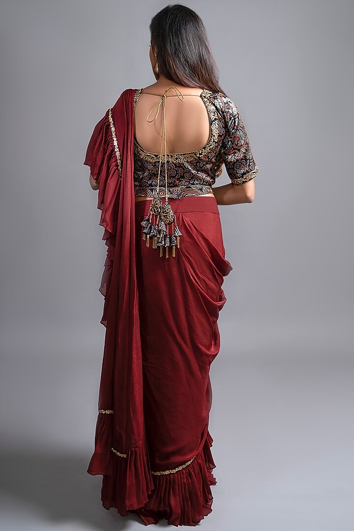 Maroon Mashru Silk Ruffled Party Wear Saree Set by SEJAL KAMDAR at Pernia's Pop Up Shop