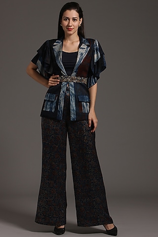 Maroon & Blue Tie-Dyed Jacket Set by SEJAL KAMDAR