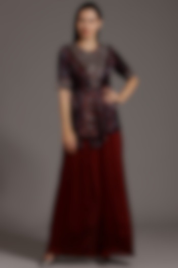 Maroon Crepe Pleated Pant Set by SEJAL KAMDAR at Pernia's Pop Up Shop