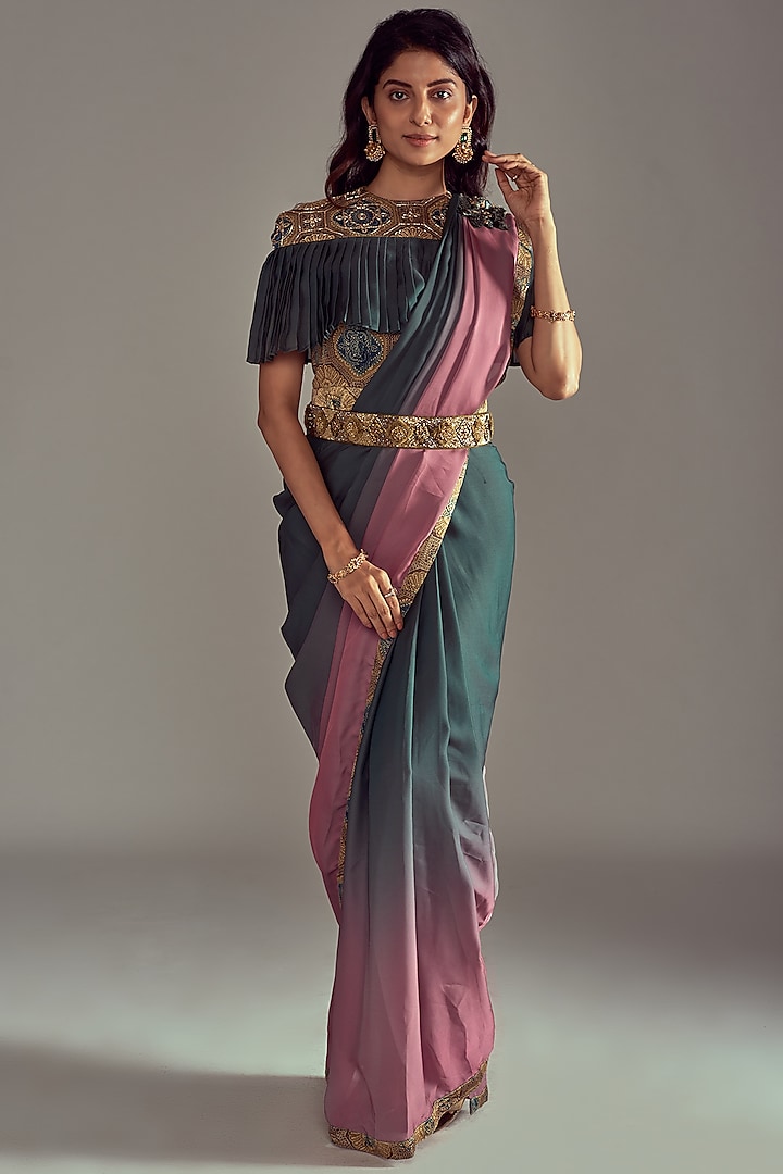 Olive Green Mashru Silk Shaded Printed & Embroidered Gown Saree With Belt by SEJAL KAMDAR