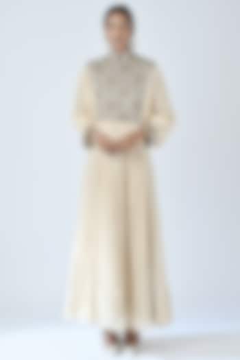 Ivory Printed & Embroidered Dress by SEJAL KAMDAR