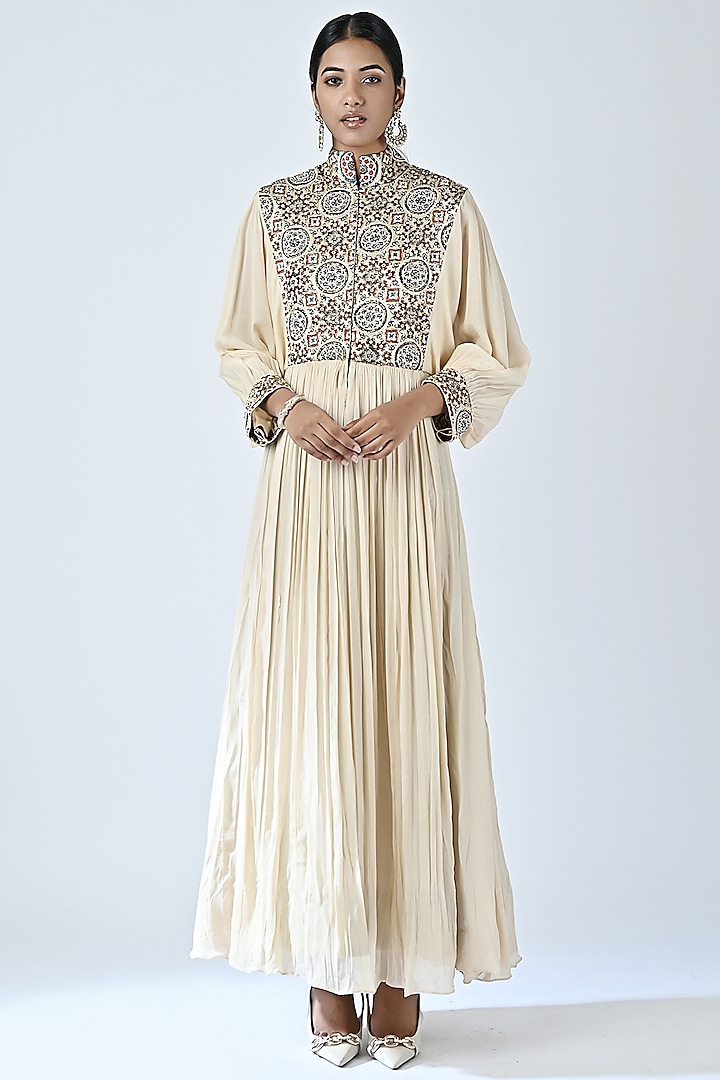 Ivory Printed & Embroidered Dress by SEJAL KAMDAR