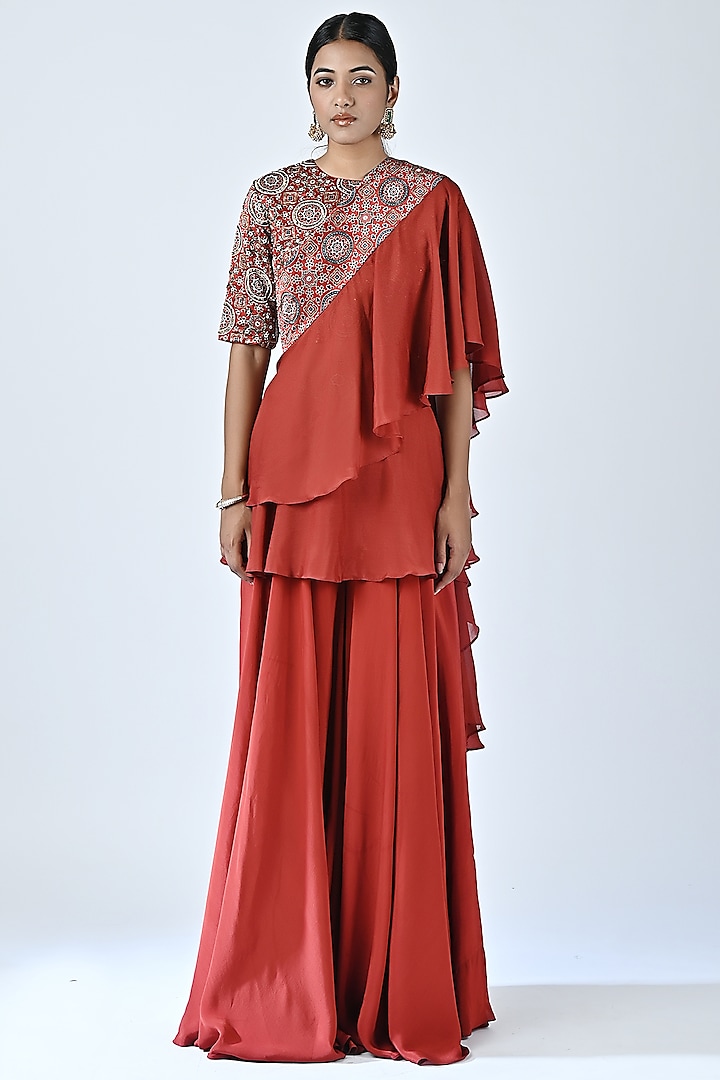 Red Satin Crepe Flared Pant Set by SEJAL KAMDAR at Pernia's Pop Up Shop