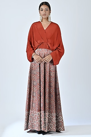 Red Embroidered Overlapping Gown by SEJAL KAMDAR