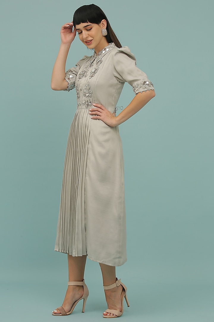 Grey Silk Blend A-Line Dress by SEJAL KAMDAR