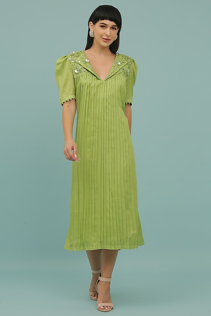 Green Silk Blend Midi Dress by SEJAL KAMDAR