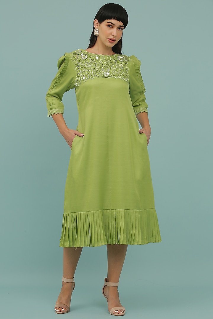Green Embroidered A-Line Dress by SEJAL KAMDAR