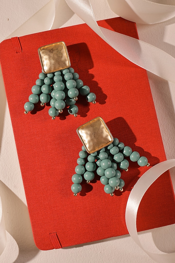 Gold Finish Blue Beaded Dangler Earrings by Senshi at Pernia's Pop Up Shop