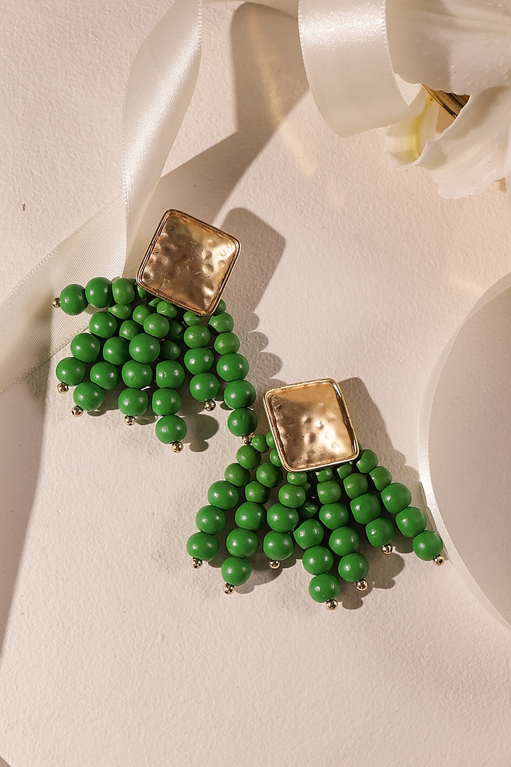 Gold Finish Green Beaded Dangler Earrings by Senshi at Pernia's Pop Up Shop