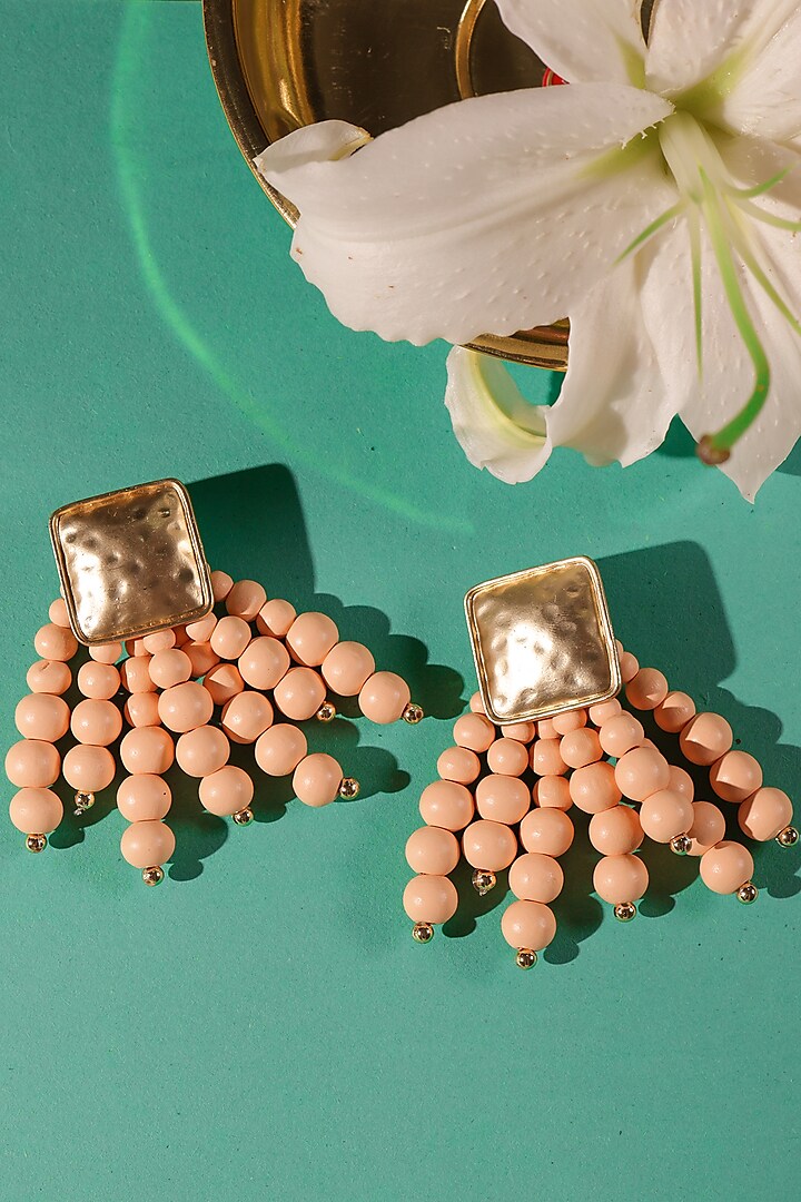 Gold Finish Peach Beaded Dangler Earrings by Senshi at Pernia's Pop Up Shop