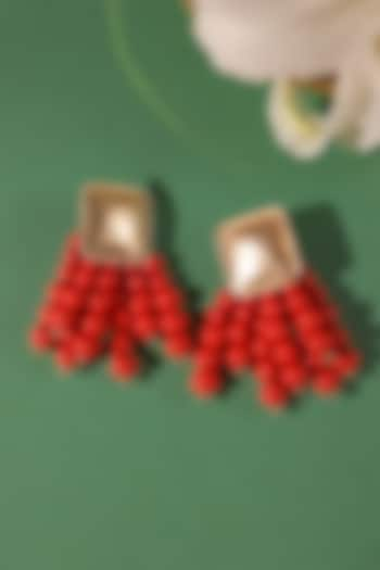 Gold Finish Red Beaded Dangler Earrings by Senshi at Pernia's Pop Up Shop