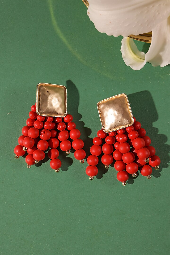 Gold Finish Red Beaded Dangler Earrings by Senshi at Pernia's Pop Up Shop