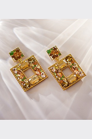 Gold Finish Multi-Colored Synthetic Stone Dangler Earrings by Senshi