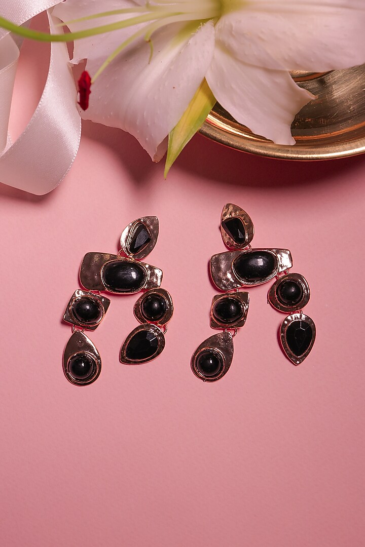 Gold Finish Black Synthetic Stone Dangler Earrings by Senshi at Pernia's Pop Up Shop