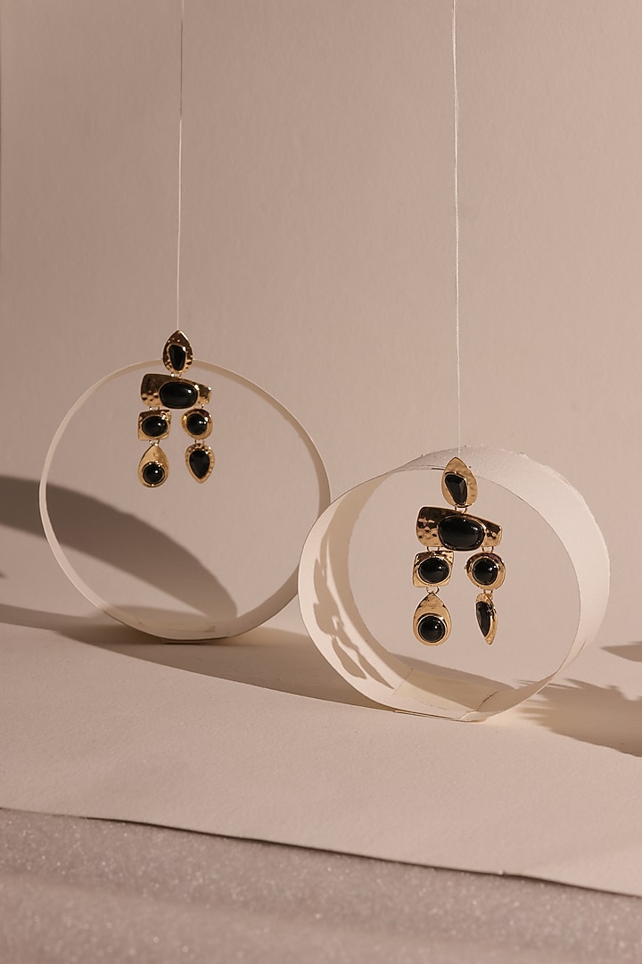 Gold Finish Black Synthetic Stone Dangler Earrings by Senshi at Pernia's Pop Up Shop