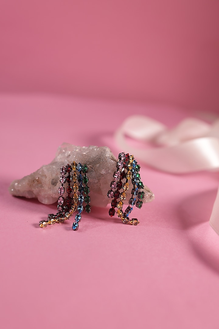 Black Rhodium Finish Multi-Colored Zircon Dangler Earrings by Senshi
