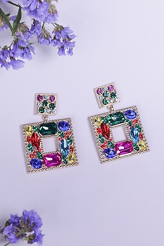 Gold Finish Multi-Colored Synthetic Stone Dangler Earrings by Senshi