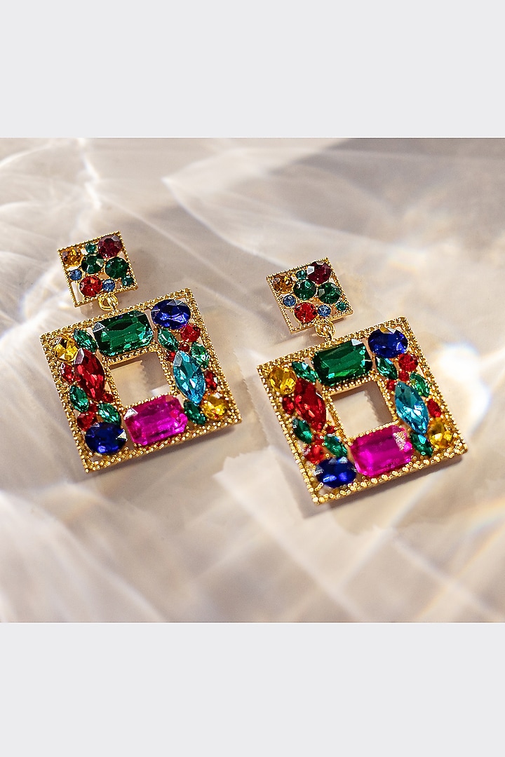 Gold Finish Multi-Colored Synthetic Stone Dangler Earrings by Senshi at Pernia's Pop Up Shop