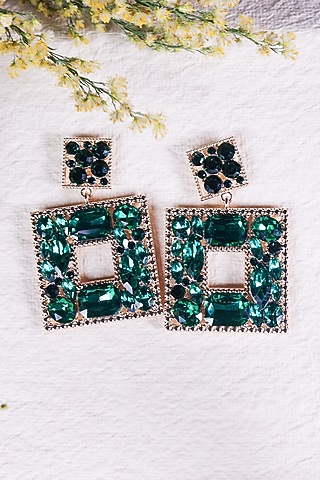 Gold Finish Green Synthetic Stone Dangler Earrings by Senshi