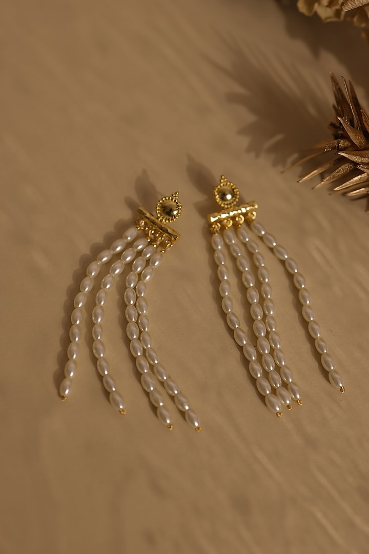 Gold Plated Pearl Dangler Earrings by Senshi