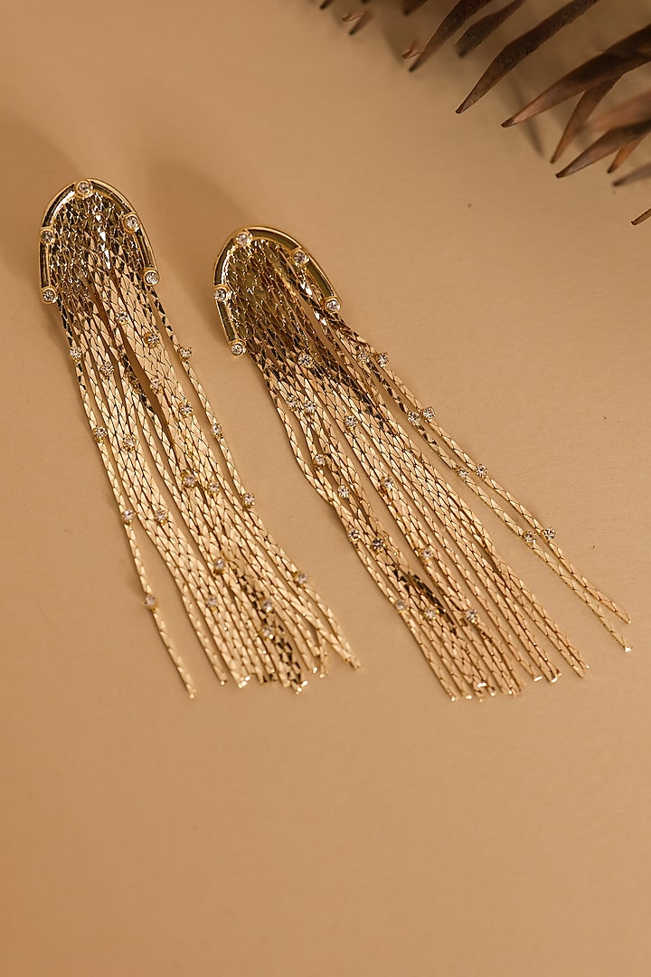 Gold Finish Tassel & Zircon Dangler Earrings by Senshi