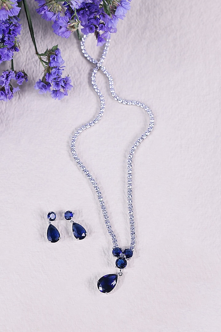 White Finish Royal Blue Stone & Zircon Necklace Set by Senshi