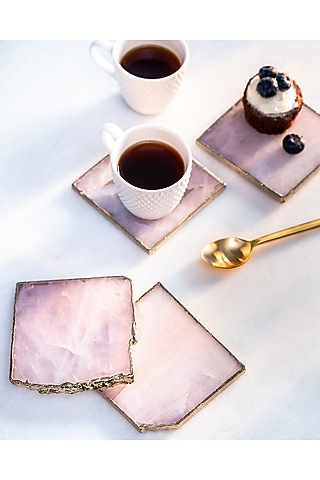 Pink Rose Quartz & Metal Coasters (Set of 4) by Serein Wellness