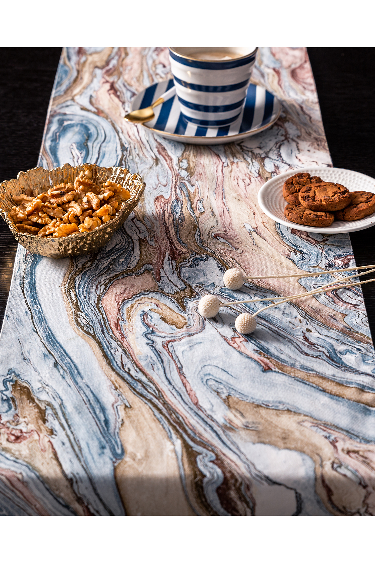 Blue & Gold Polyester Table Runner by Serein Decor