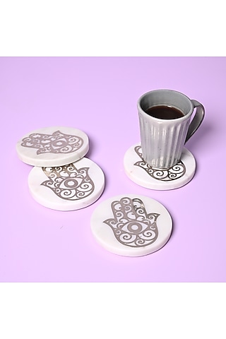 White Marble & Metal Hamsa Round Coasters ( Set Of 4 ) by Serein Wellness