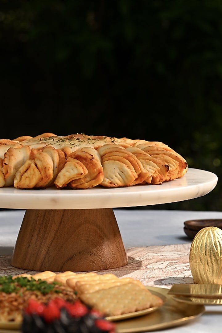 White Marble & Acacia Wood Cake Stand by Serein Wellness at Pernia's Pop Up Shop