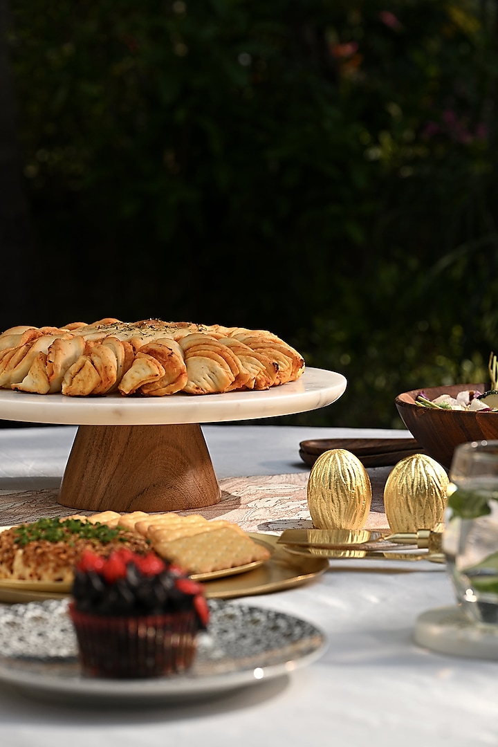 White Marble & Acacia Wood Cake Stand by Serein Wellness at Pernia's Pop Up Shop