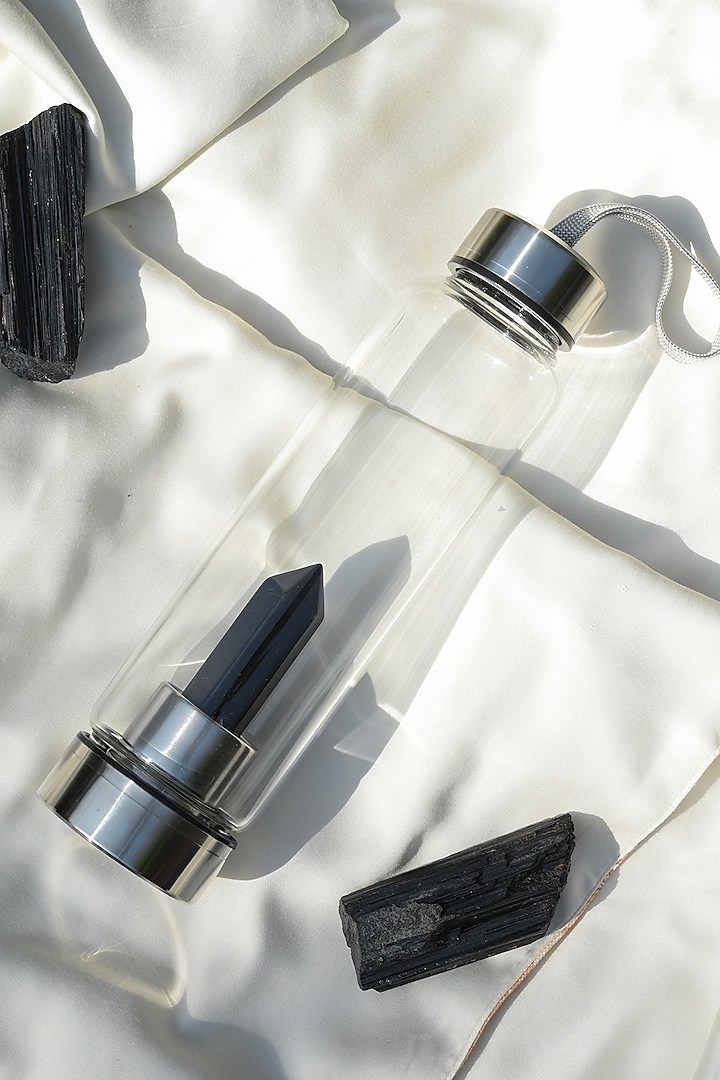 Clear Glass, Steel & Black Tourmaline Bottle by Serein Wellness at Pernia's Pop Up Shop