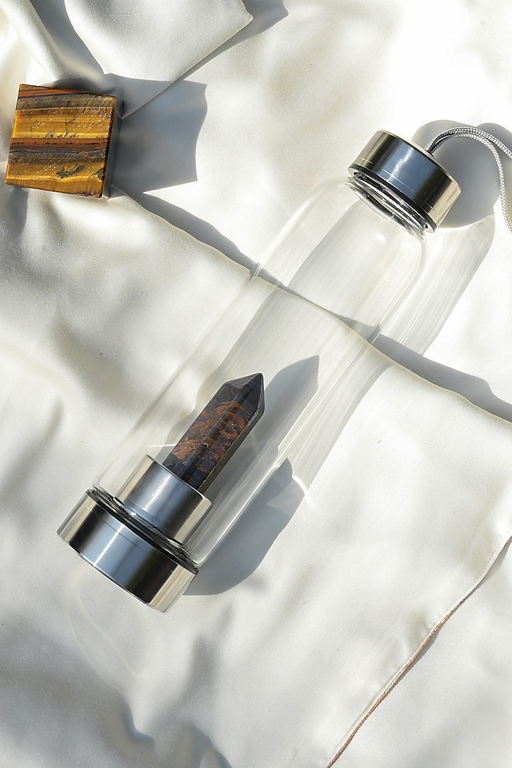 Clear Glass, Steel & Tiger Eye Bottle by Serein Wellness