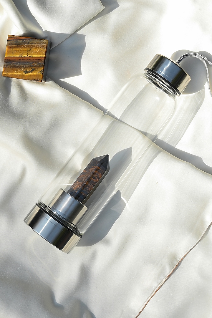 Clear Glass, Steel & Tiger Eye Bottle by Serein Wellness at Pernia's Pop Up Shop