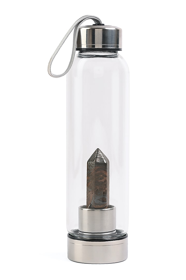 Clear Glass, Steel & Tiger Eye Bottle by Serein Wellness at Pernia's Pop Up Shop