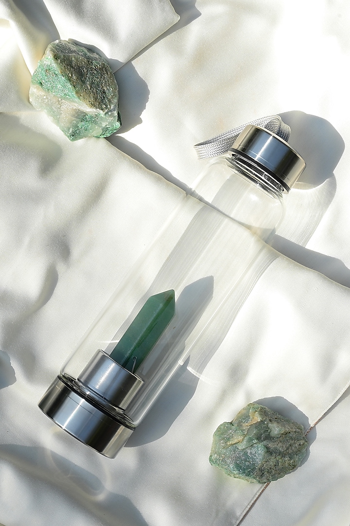 Clear Glass, Steel & Green Aventurine Bottle by Serein Wellness at Pernia's Pop Up Shop